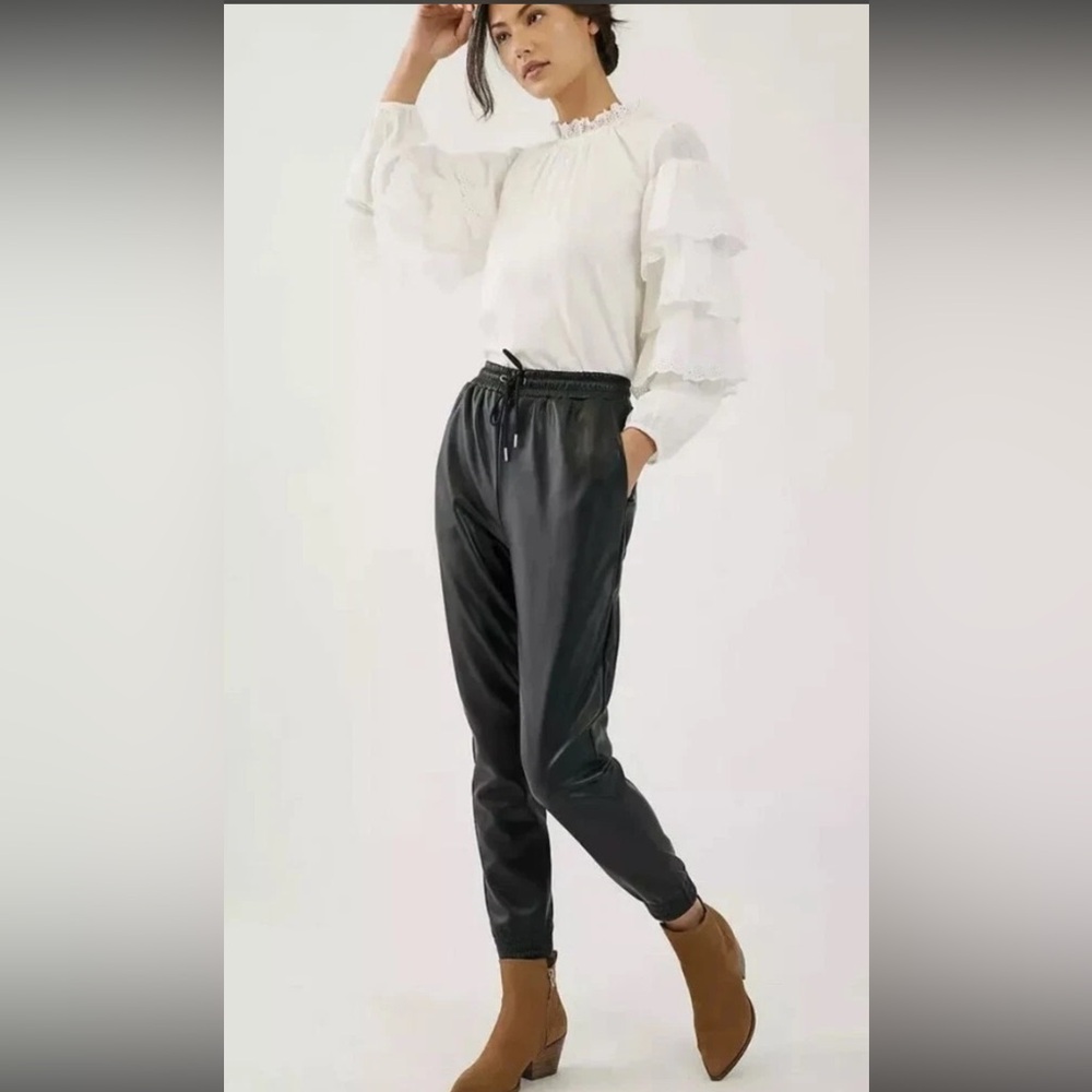NEW Anthropologie | Avec Les Filles Black Faux Leather Drawstring Jogger Pants - Picture 2 of 15